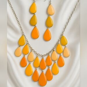 Citrus Bloom Cascading Teardrop Necklace & Earrings Set in Sunset Tones - Silver